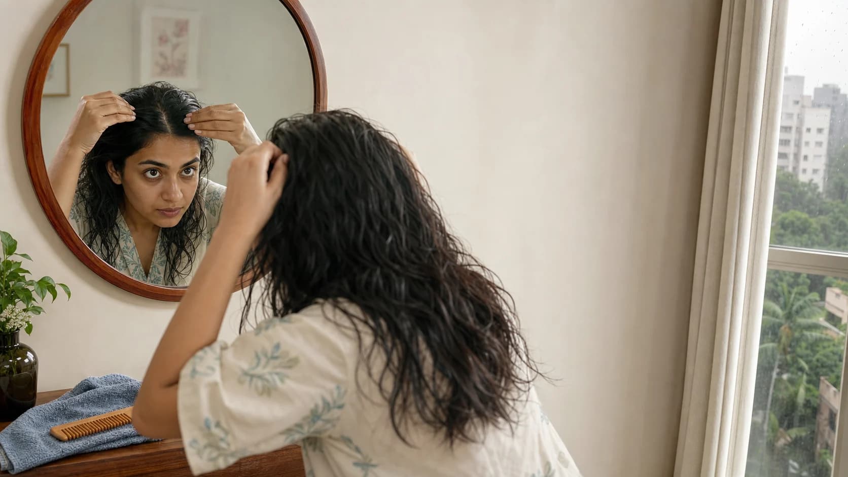 Indian woman inspecting damp hair and scalp beside a monsoon window